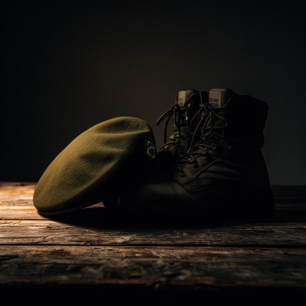 Boina e coturnos — referência visual do período de formação militar